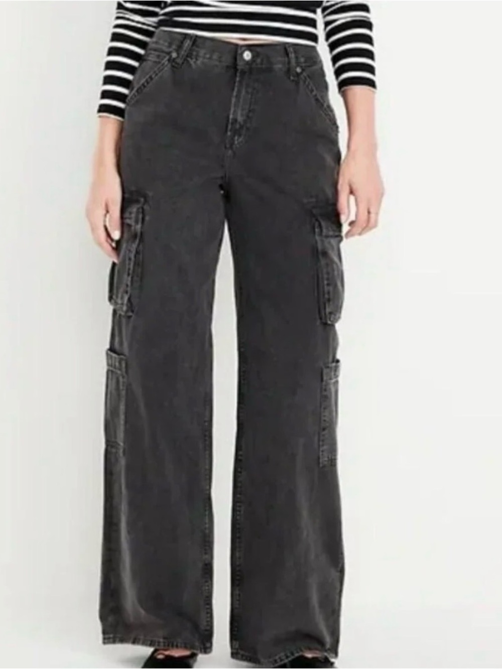 Old Navy Drapey Denim mid rise Baggy wide leg cargo black jeans pants size 8